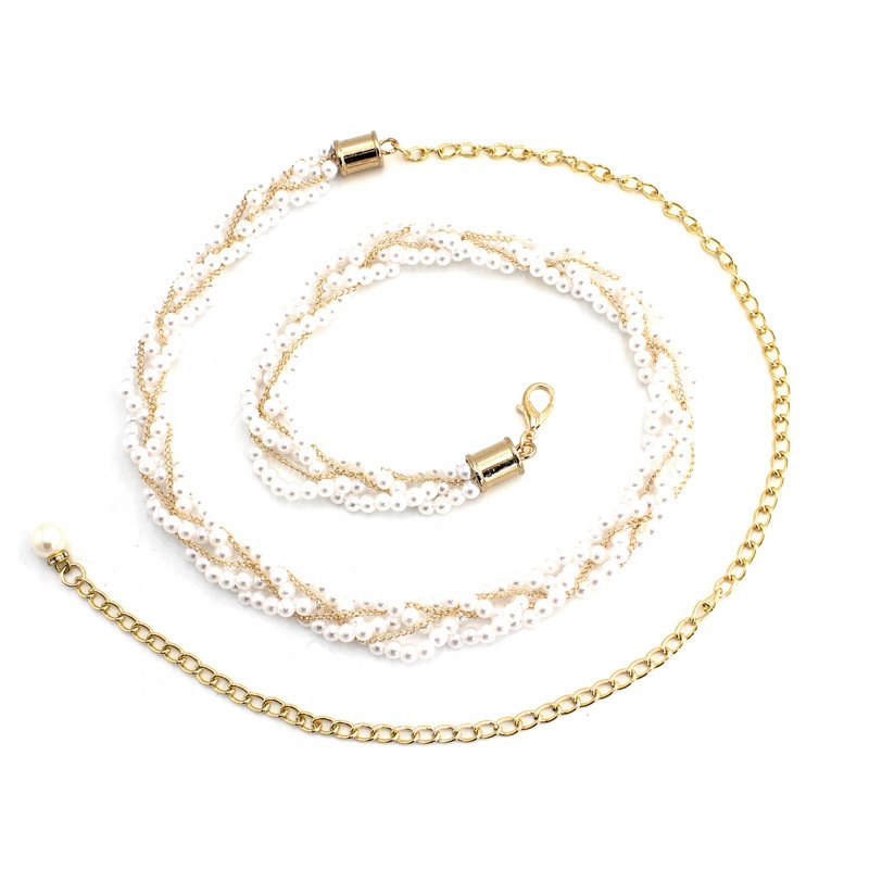 Women Pearl Dress Decorative Waist Elegant Thin Waistband Metal Belt Beaded Hook Waist Chain