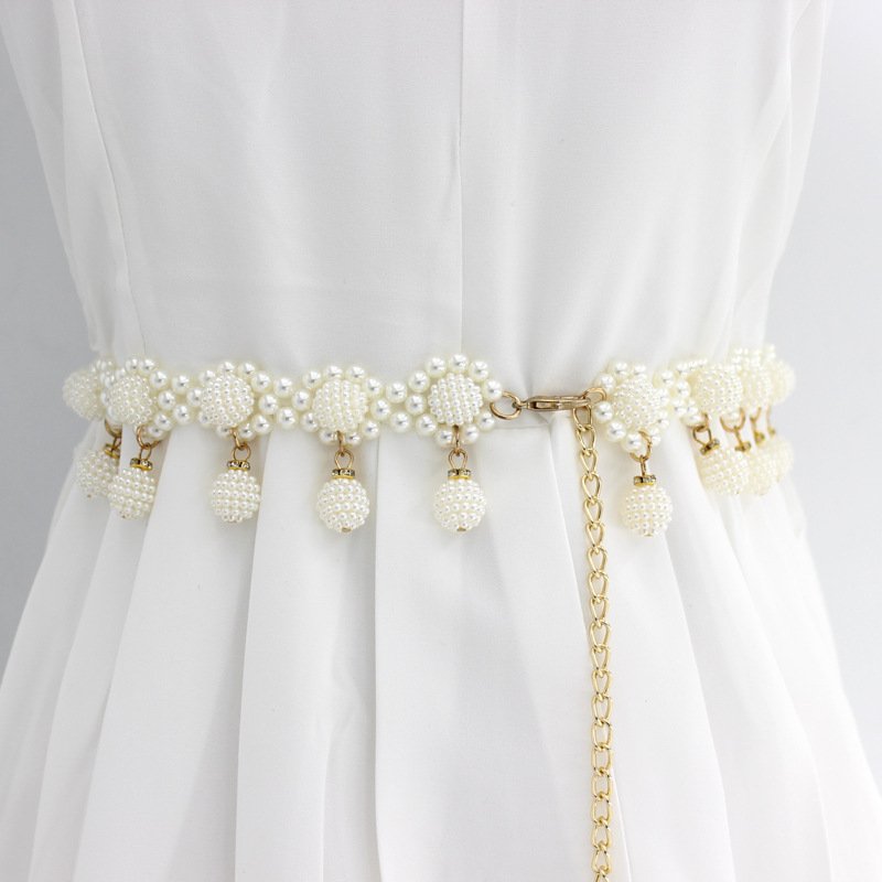 Women Pearl Dress Decorative Waist Elegant Thin Waistband Metal Belt Beaded Hook Waist Chain
