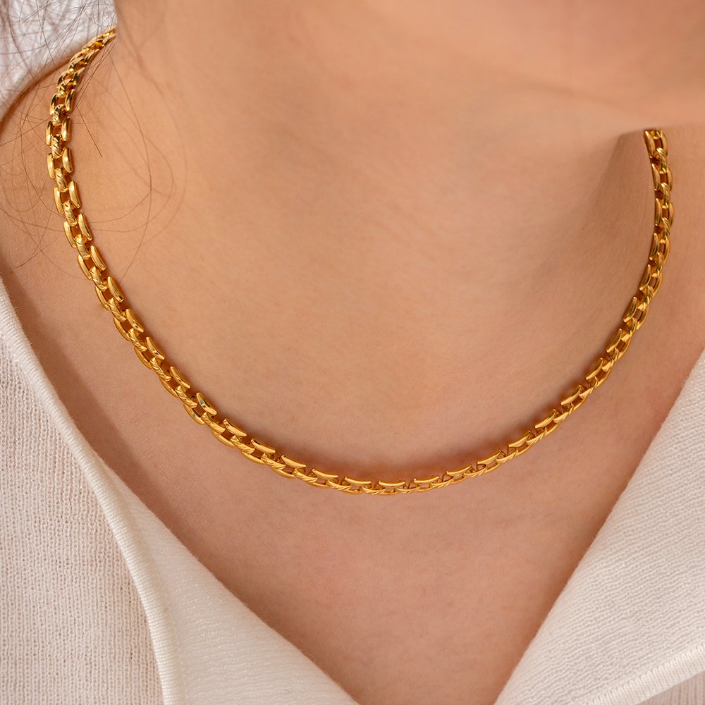 6mm 18k Gold Plated Stainless Steel Bracelet Jewelry Set Handmade Waterproof Wide Belt Necklace for Girls