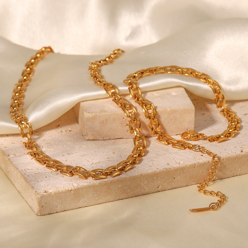6mm 18k Gold Plated Stainless Steel Bracelet Jewelry Set Handmade Waterproof Wide Belt Necklace for Girls