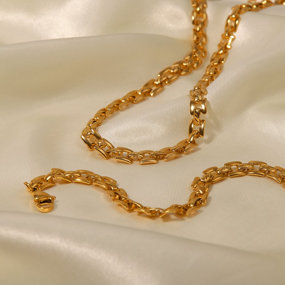 6mm 18k Gold Plated Stainless Steel Bracelet Jewelry Set Handmade Waterproof Wide Belt Necklace for Girls