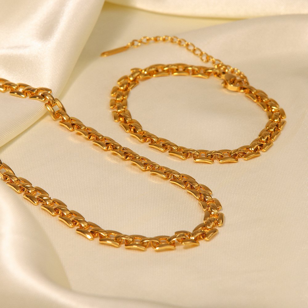 6mm 18k Gold Plated Stainless Steel Bracelet Jewelry Set Handmade Waterproof Wide Belt Necklace for Girls