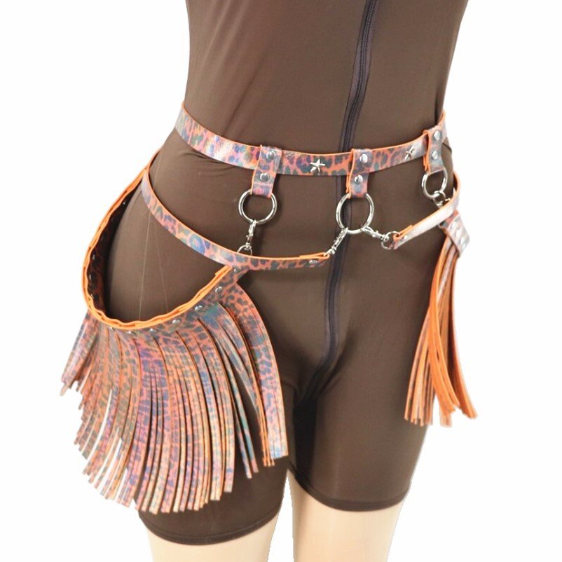 CIVET BDSM Hand-made Sexy Performance Jewelry Waist Chain Punk Tassel Personality Laser Leopard Trend Belt Fashion Belt