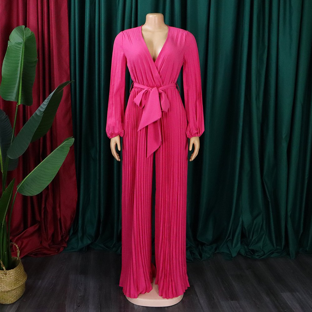 2024 Fall STOCK 4Colors V-NECK Plus Size Jumpsuits With Belt S-5XL Africa Pleated Wide-Leg Rompers Women Clothing