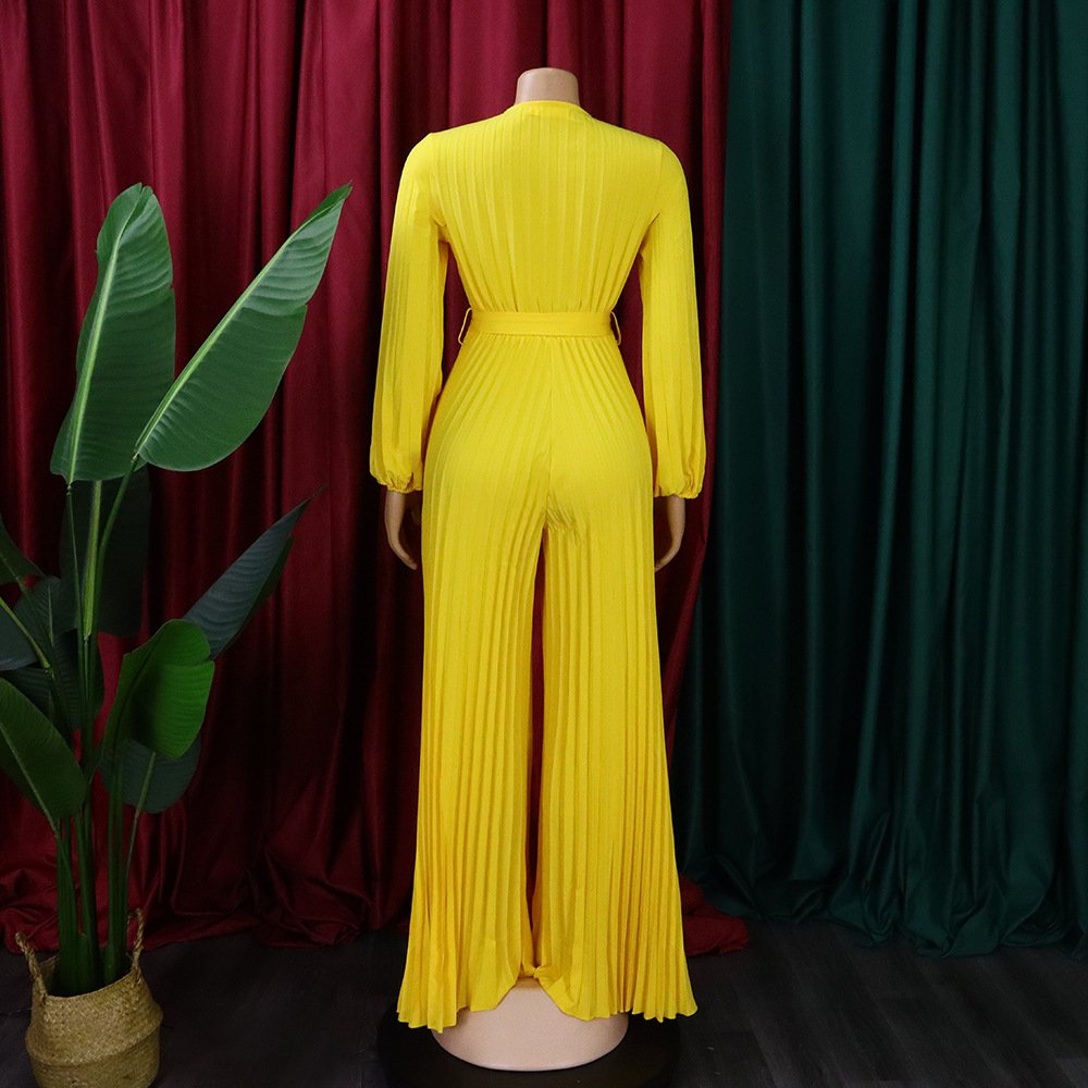 2024 Fall STOCK 4Colors V-NECK Plus Size Jumpsuits With Belt S-5XL Africa Pleated Wide-Leg Rompers Women Clothing