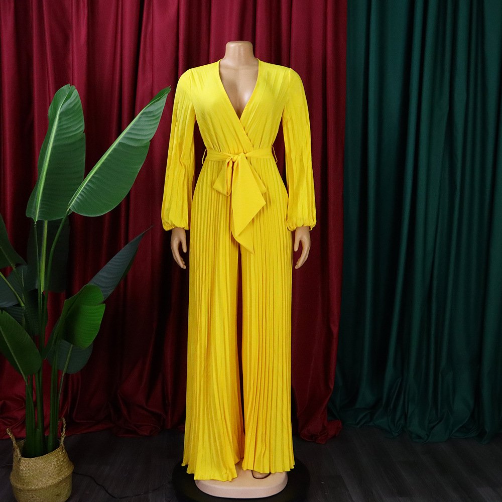 2024 Fall STOCK 4Colors V-NECK Plus Size Jumpsuits With Belt S-5XL Africa Pleated Wide-Leg Rompers Women Clothing