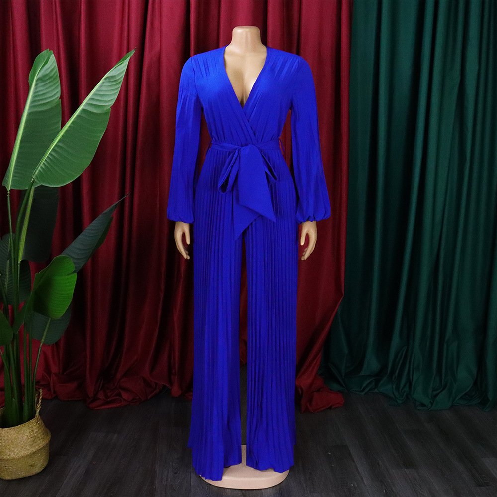 2024 Fall STOCK 4Colors V-NECK Plus Size Jumpsuits With Belt S-5XL Africa Pleated Wide-Leg Rompers Women Clothing