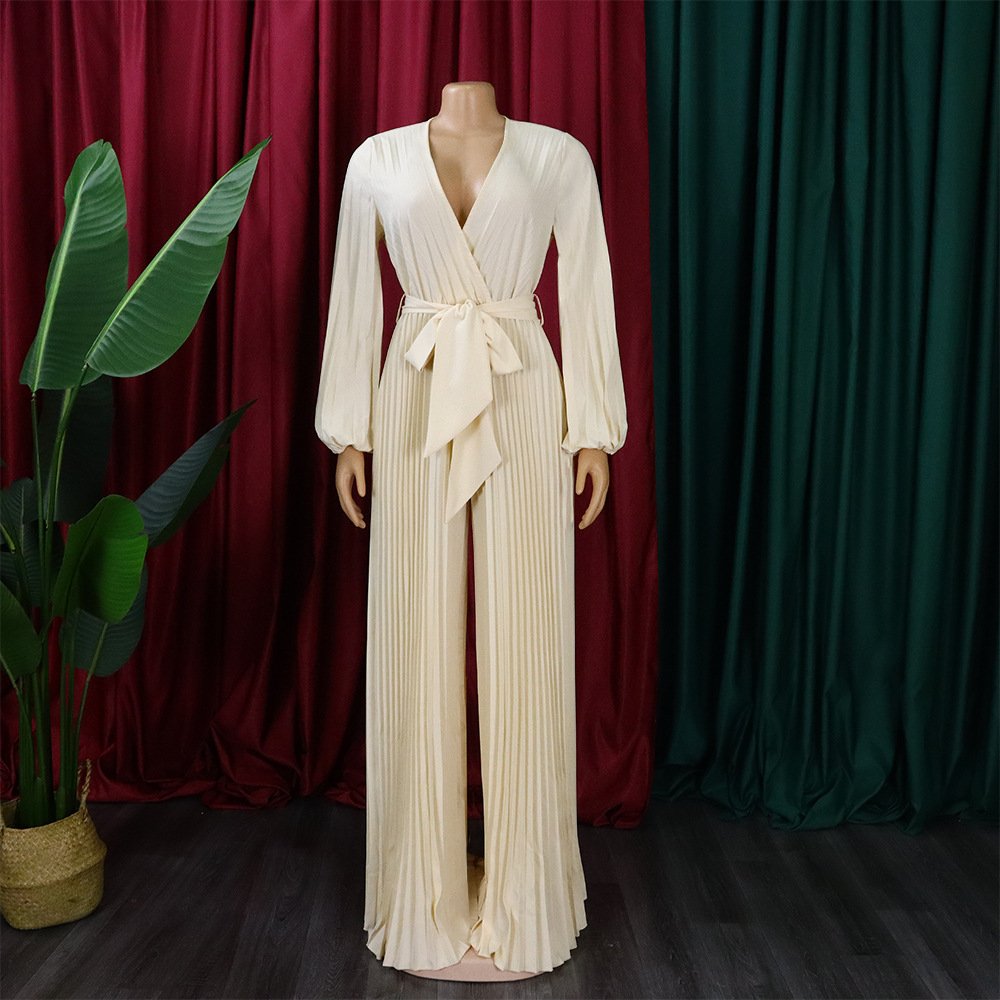 2024 Fall STOCK 4Colors V-NECK Plus Size Jumpsuits With Belt S-5XL Africa Pleated Wide-Leg Rompers Women Clothing