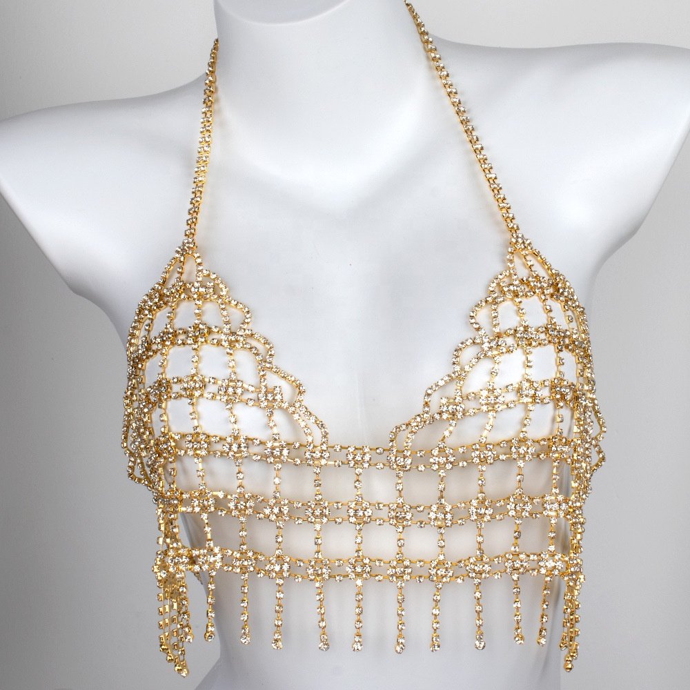 Fashion Jewelry Accessories Rhinestone Fringe Body Chain Gold Silver Crystal Sexy Bikini Bra Zinc Alloy Sexy Engagement Dress