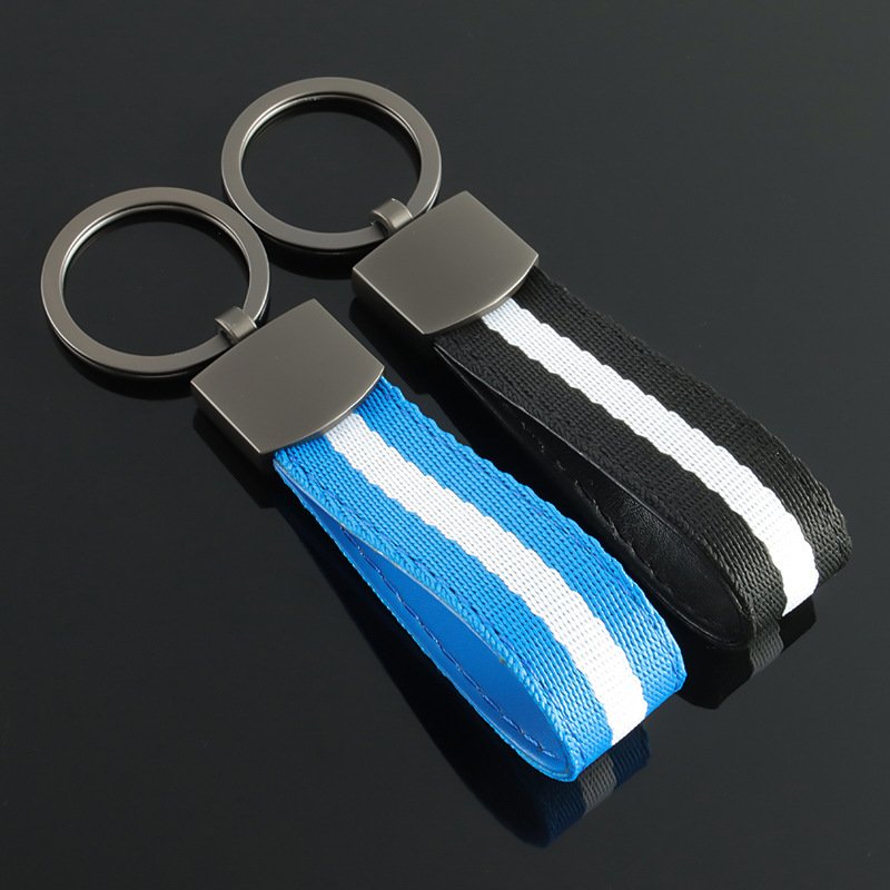 New style blue woven belt car key chain and blue braided strap car keychain with laser logo
