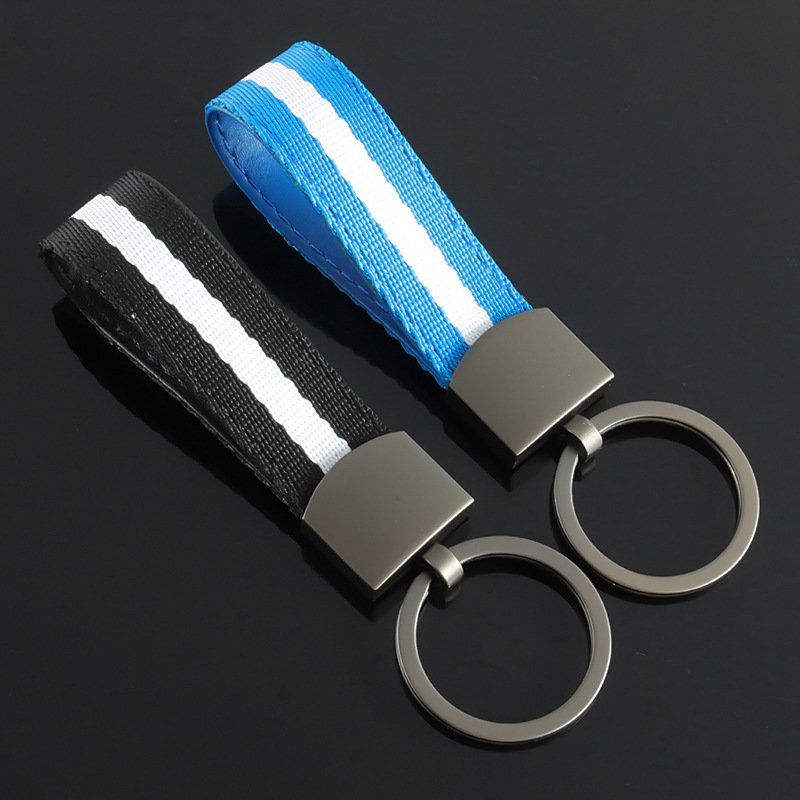 New style blue woven belt car key chain and blue braided strap car keychain with laser logo