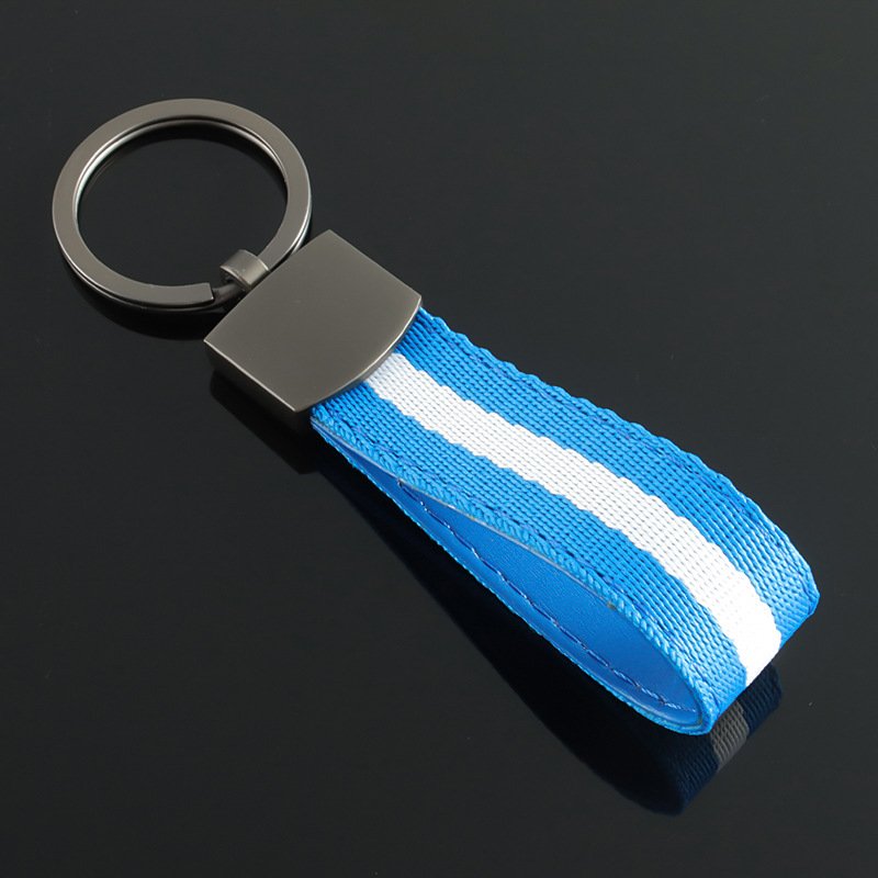 New style blue woven belt car key chain and blue braided strap car keychain with laser logo