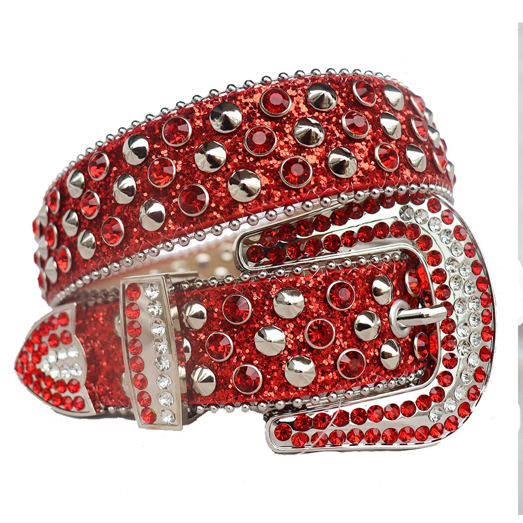 Simon Western Punk Style BB Rhinestone Belt Fashionable Alloy Buckle Wide PU Leather Crystal Belt for Men and Women