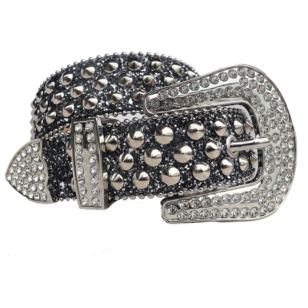 Simon Western Punk Style BB Rhinestone Belt Fashionable Alloy Buckle Wide PU Leather Crystal Belt for Men and Women