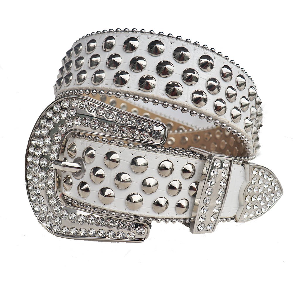 Simon Western Punk Style BB Rhinestone Belt Fashionable Alloy Buckle Wide PU Leather Crystal Belt for Men and Women