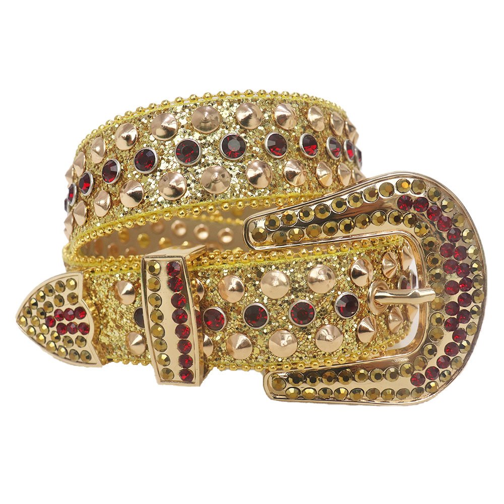 Simon Western Punk Style BB Rhinestone Belt Fashionable Alloy Buckle Wide PU Leather Crystal Belt for Men and Women