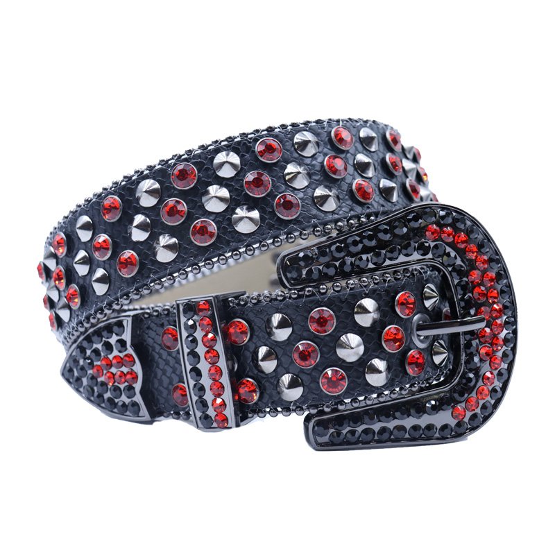 Simon Western Punk Style BB Rhinestone Belt Fashionable Alloy Buckle Wide PU Leather Crystal Belt for Men and Women