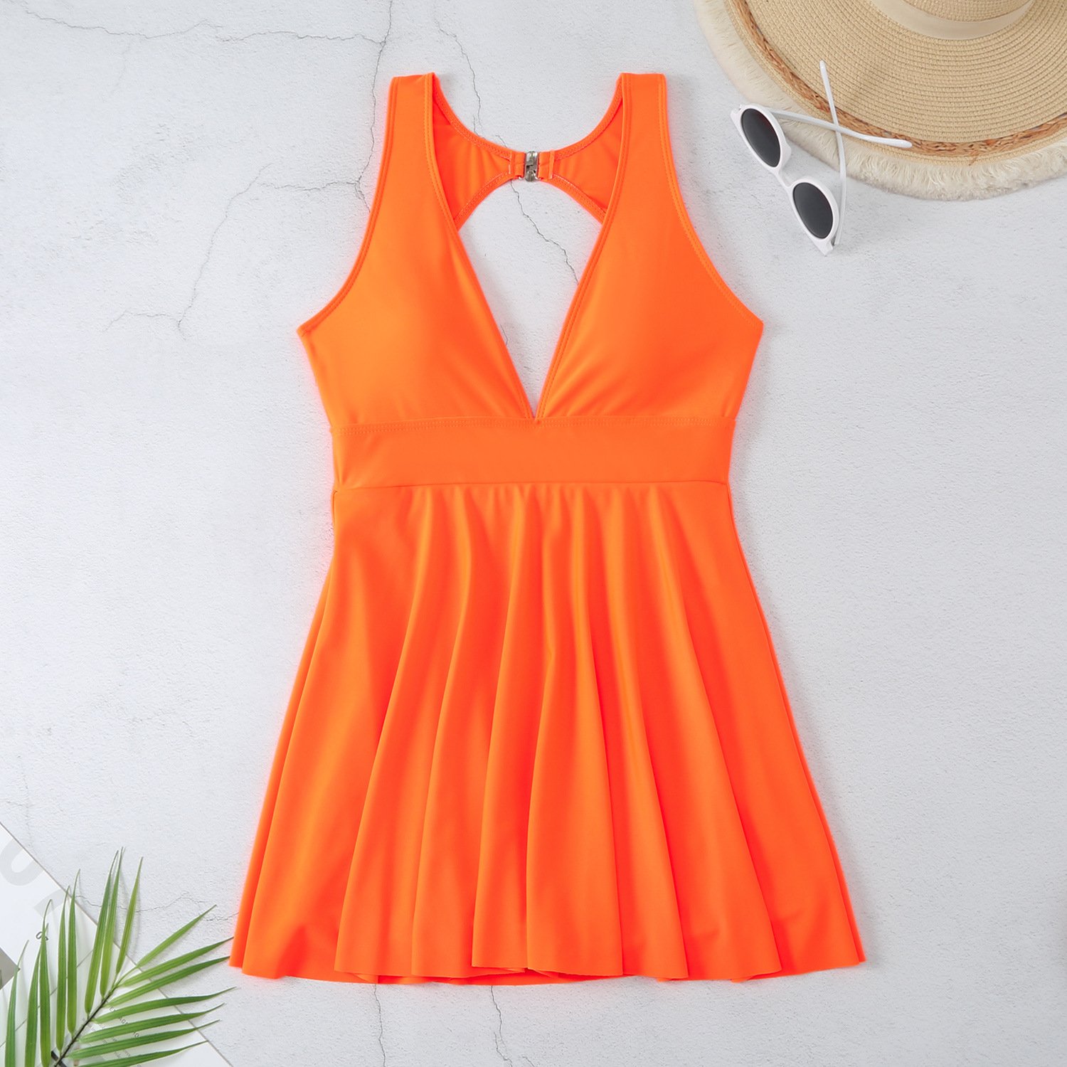 STOCK 4Colors V-NECK Women Swimdress Cut Out Back Boyleg Short One Piece Bathing Suit