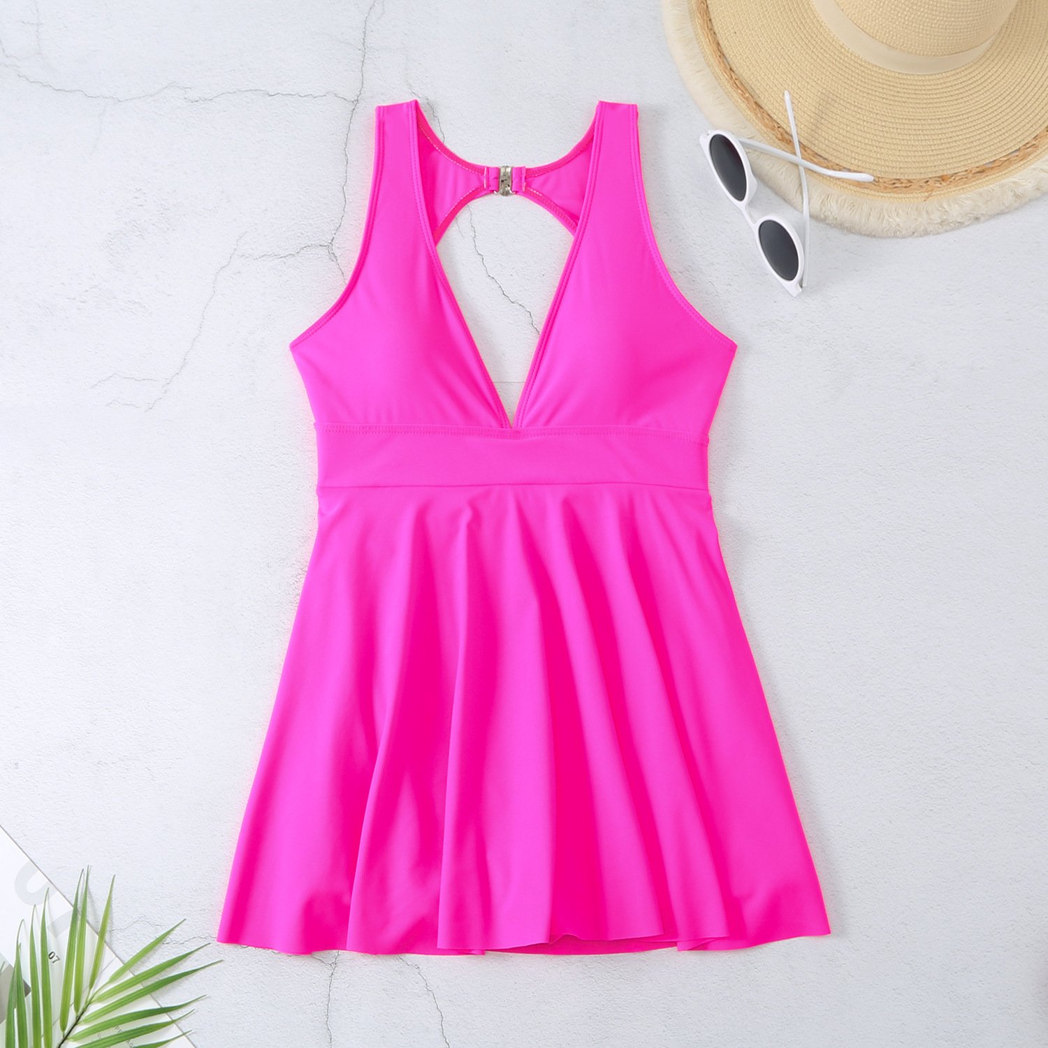 STOCK 4Colors V-NECK Women Swimdress Cut Out Back Boyleg Short One Piece Bathing Suit
