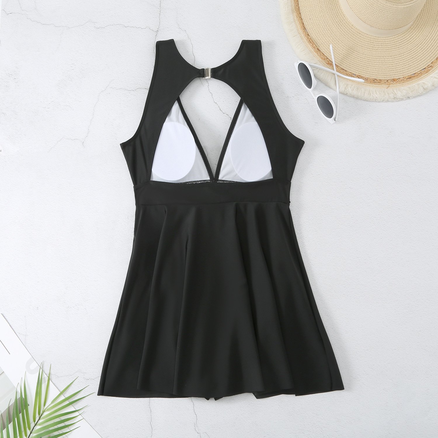 STOCK 4Colors V-NECK Women Swimdress Cut Out Back Boyleg Short One Piece Bathing Suit