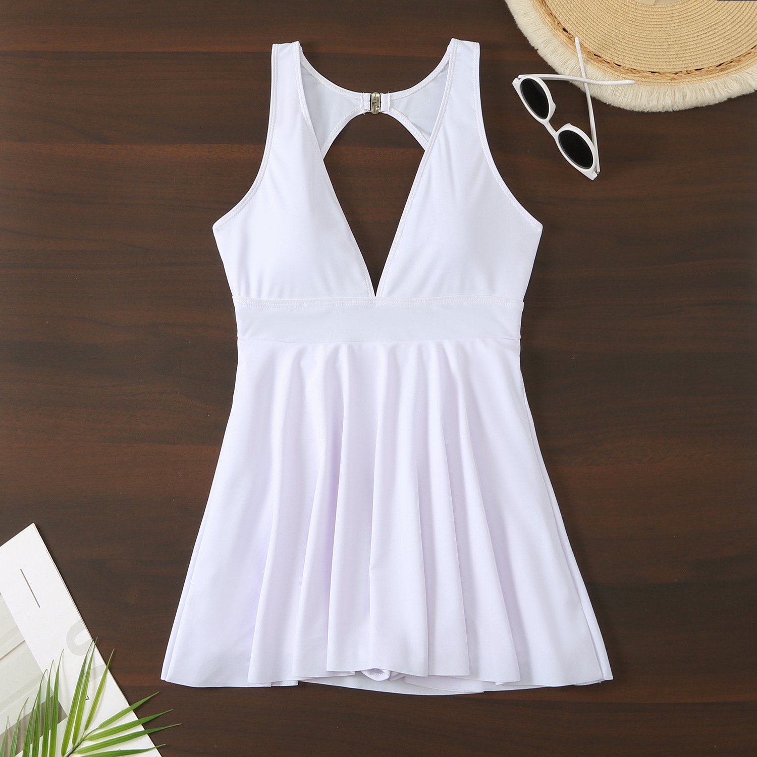 STOCK 4Colors V-NECK Women Swimdress Cut Out Back Boyleg Short One Piece Bathing Suit