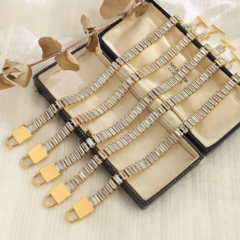Cubic zircon watch belt lock chain bracelet 18k gold plated stainless steel diamond bracelets women