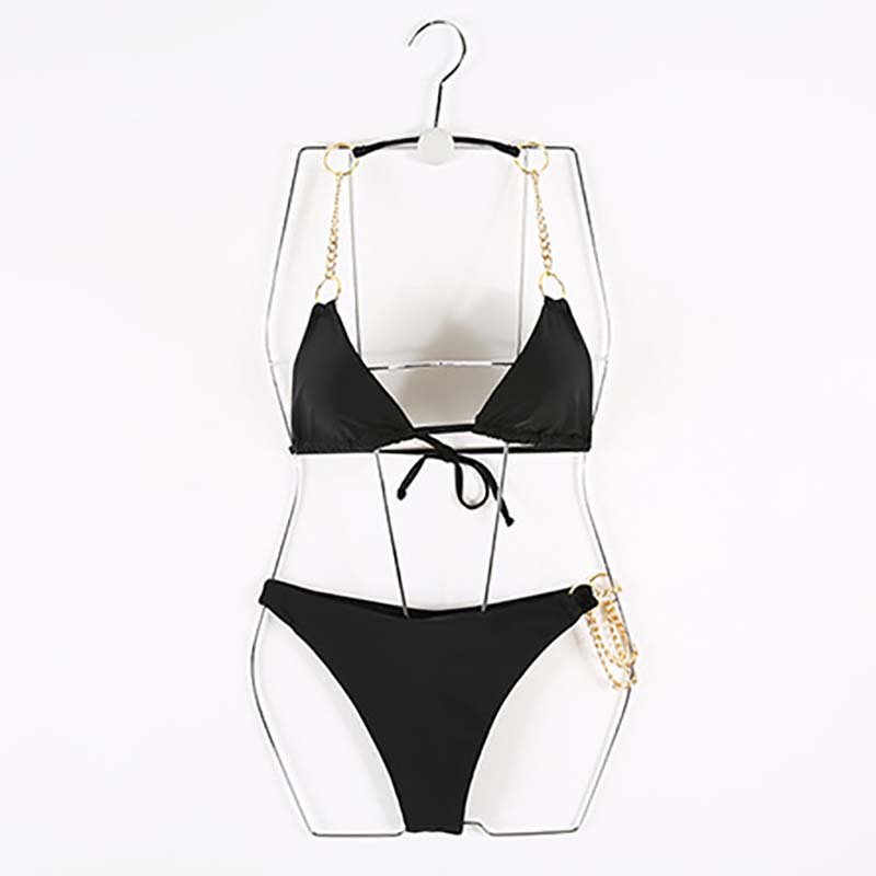 NEW hot sale sexy solid metal chain Triangle backless hollow out halter two piece bikini women swimwear custom