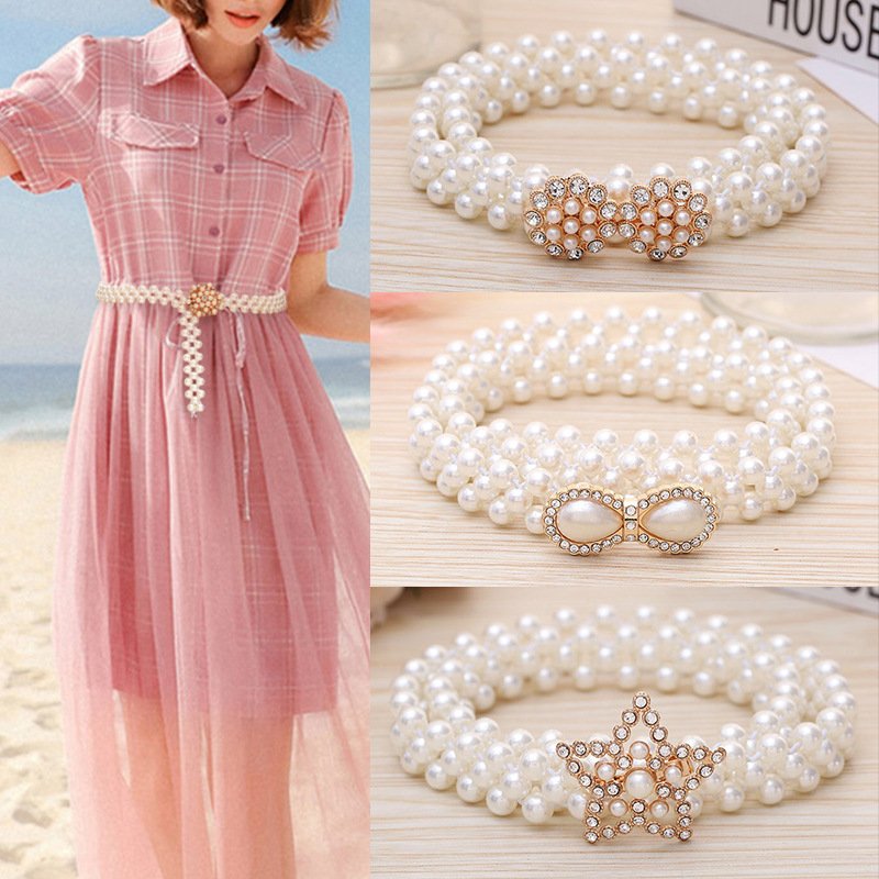 Pearl Waist Chain Ladies Fashion Bow Waist Elastic Elastic Waist Belt Rhinestone Temperament Thin Belt Female