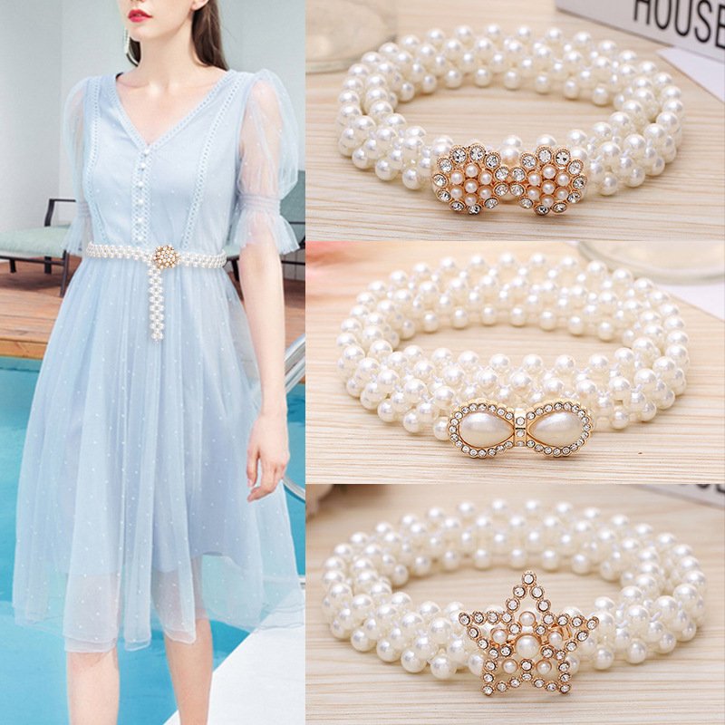 Pearl Waist Chain Ladies Fashion Bow Waist Elastic Elastic Waist Belt Rhinestone Temperament Thin Belt Female