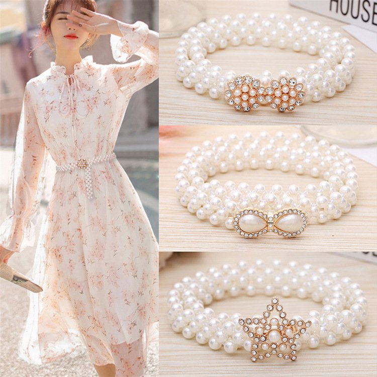 Pearl Waist Chain Ladies Fashion Bow Waist Elastic Elastic Waist Belt Rhinestone Temperament Thin Belt Female