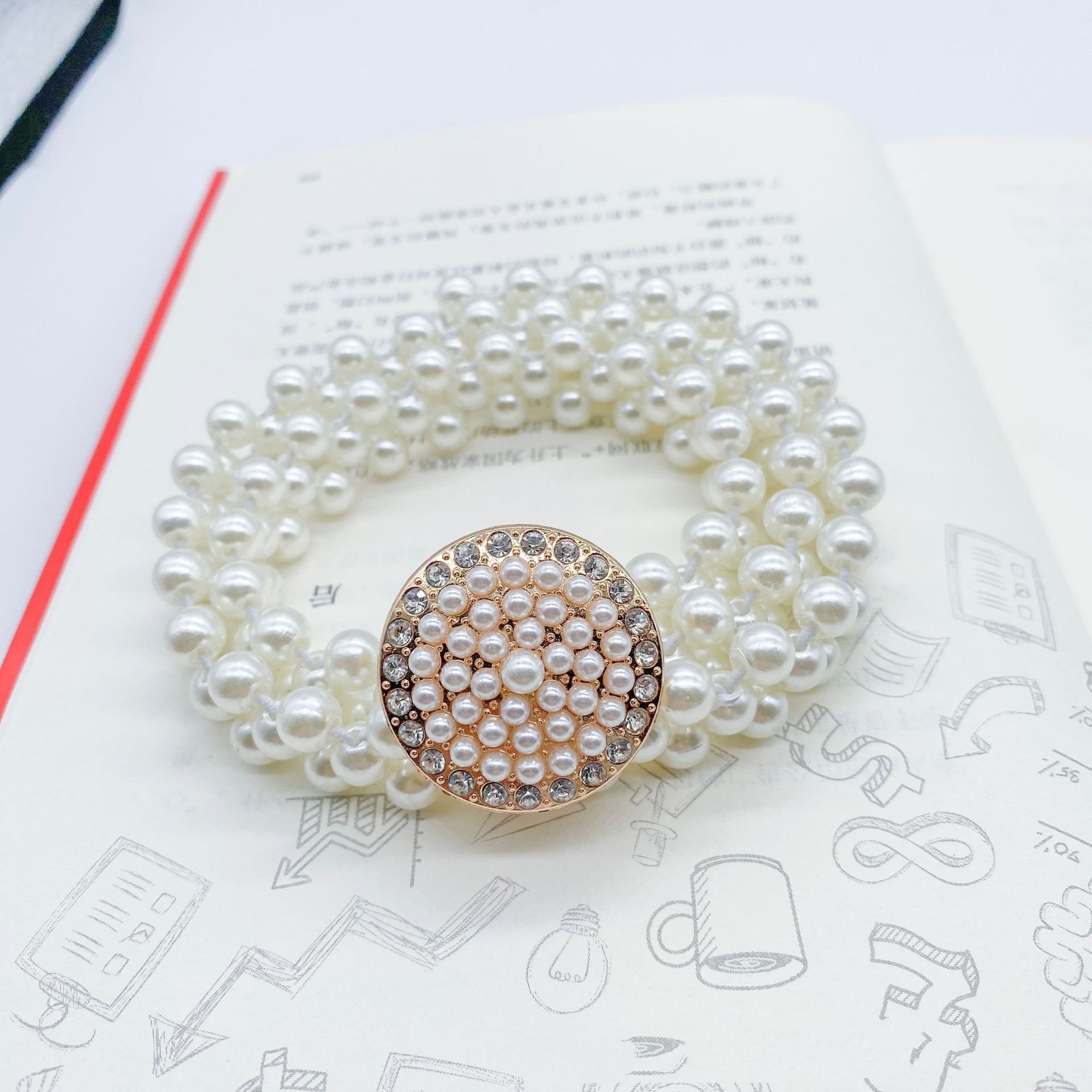 Pearl Waist Chain Ladies Fashion Bow Waist Elastic Elastic Waist Belt Rhinestone Temperament Thin Belt Female