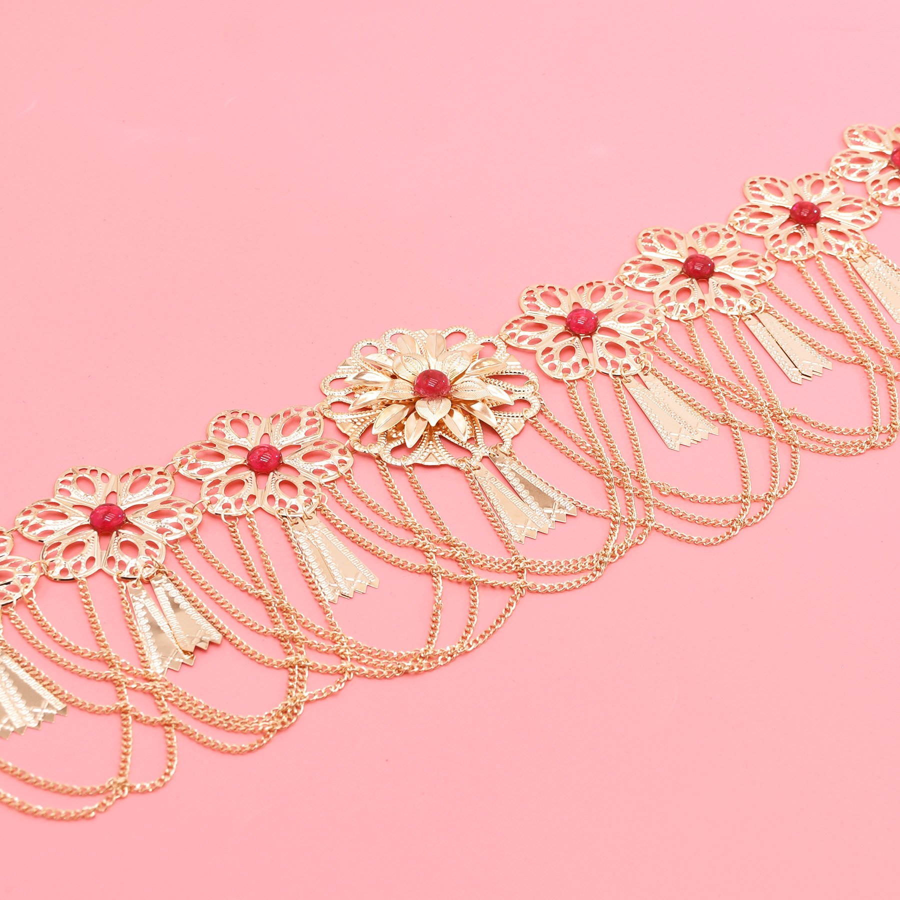 New Gold Plated Big Flower Red Crystal Chain Tassels Women Belt Waist Belly Chains