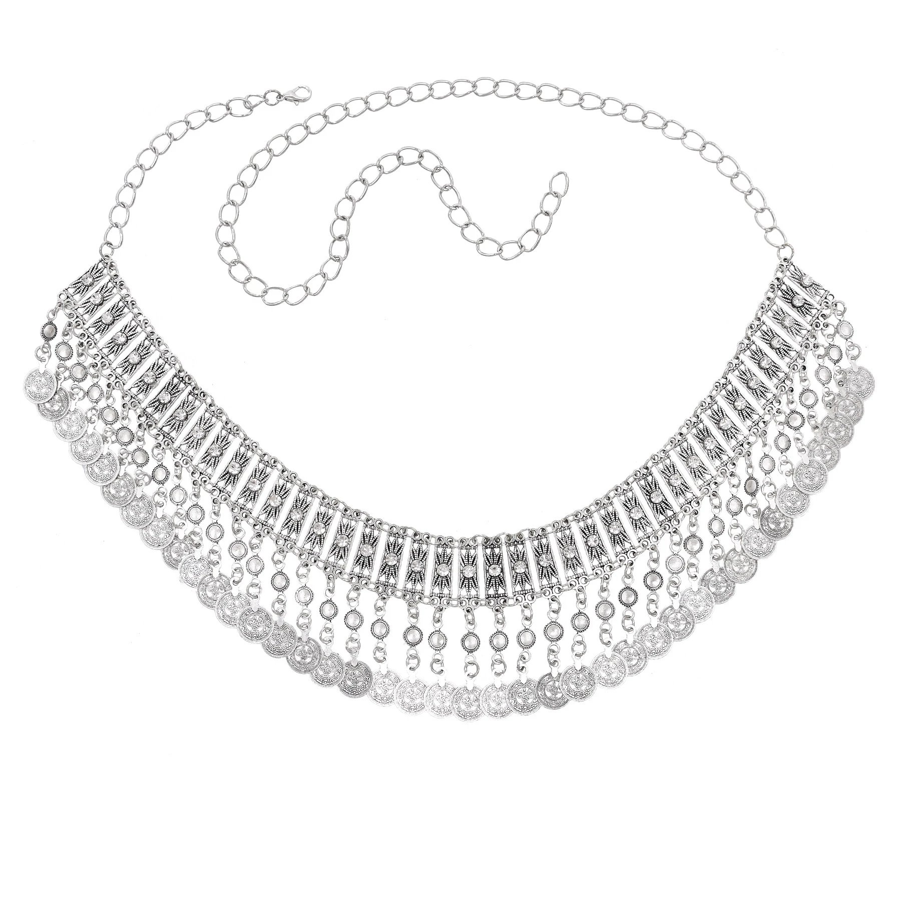 Silver Rhinestone Coin Tassel Body Chain Dancing Belly Chain Waist Belt Chains For Women