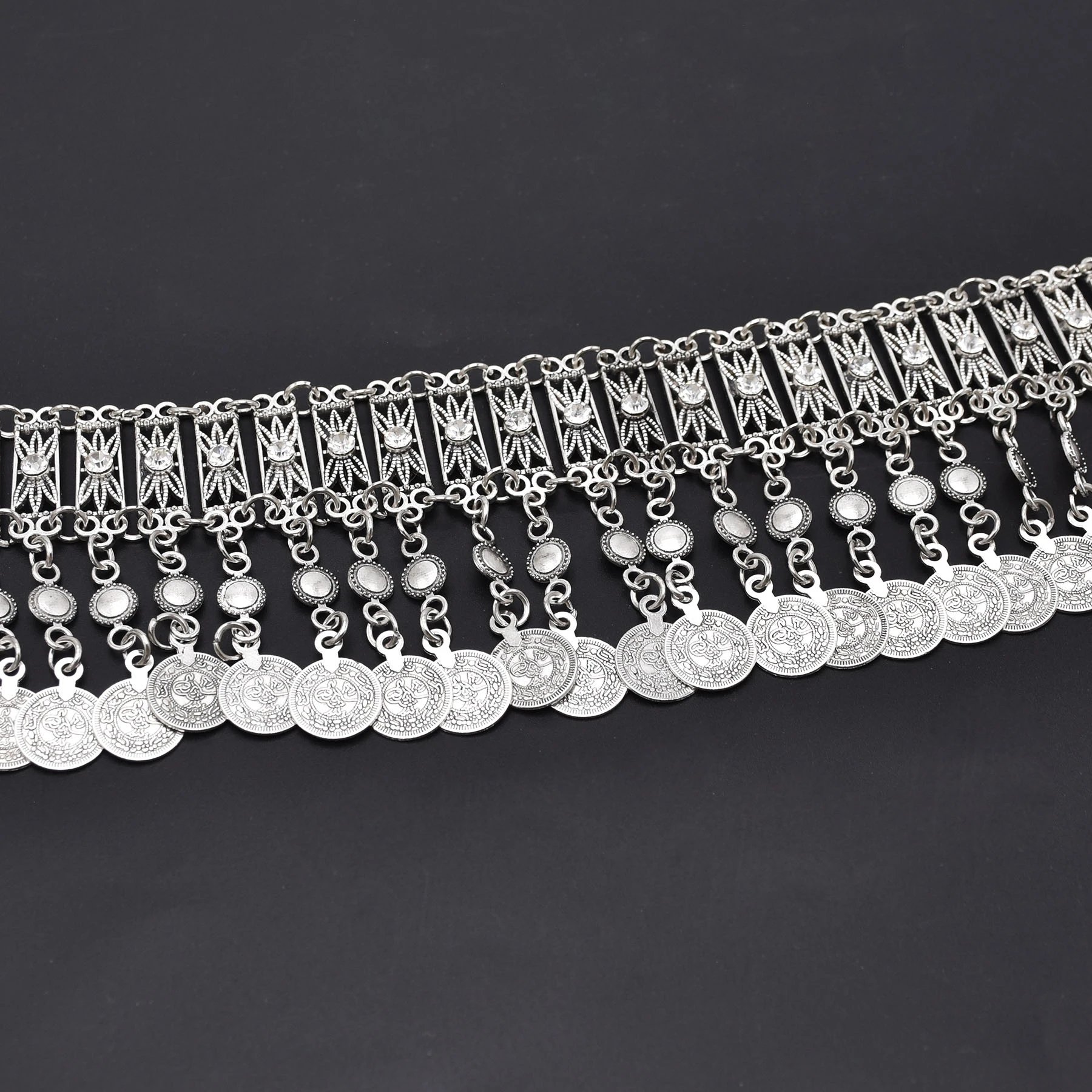 Silver Rhinestone Coin Tassel Body Chain Dancing Belly Chain Waist Belt Chains For Women