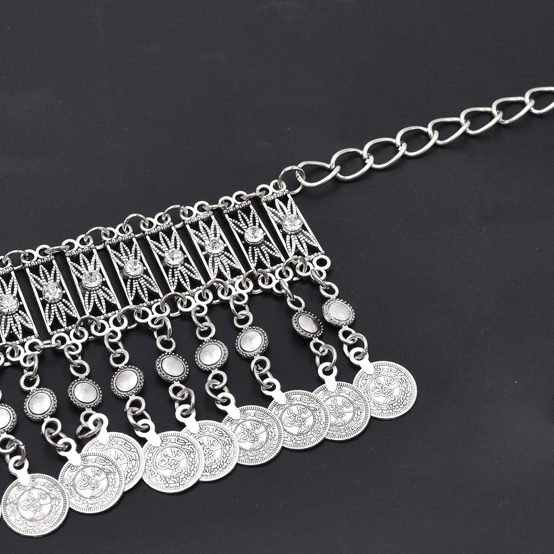 Silver Rhinestone Coin Tassel Body Chain Dancing Belly Chain Waist Belt Chains For Women