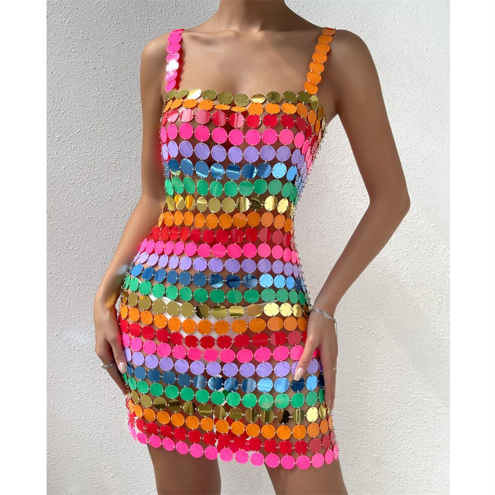 Sequin Dress Body Chain Bling Rave Outfit Sexy Skirt Body Halter Backless Bikini Bra Nightclub Festival Body Jewelry Accessories