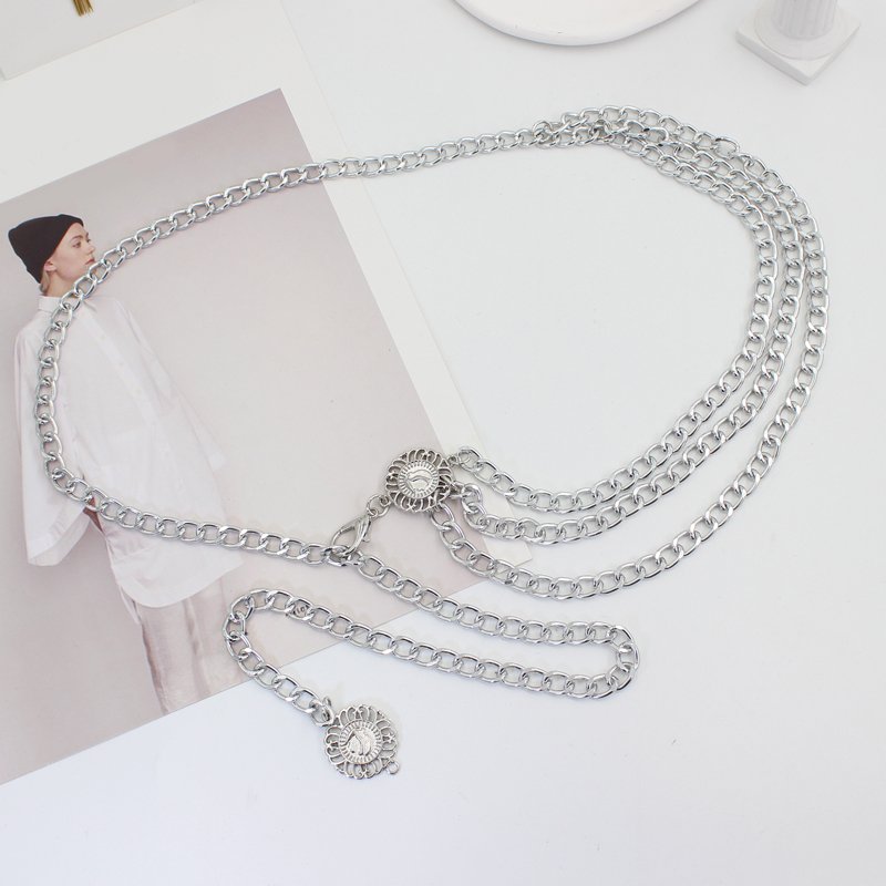 Vintage Ladies Fashion Accessories Luxury Designer High Quality Gold Silver Metal Thick Chain Waist Belts for Women
