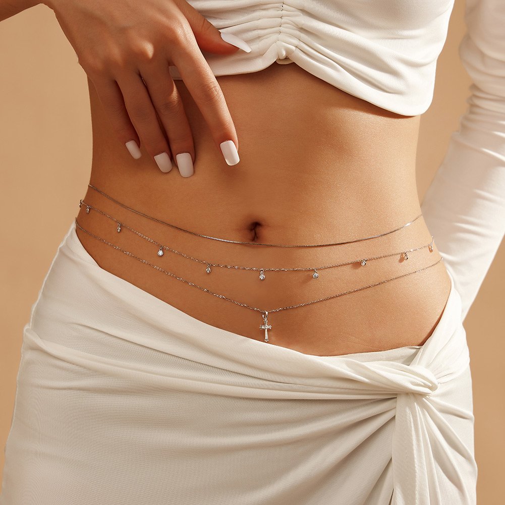 Rinntin CW01 Body Belly Chain CZ Waist Chain Adjustable Belt Sexy Bikini 925 Silver Body Chain Jewelry for Women
