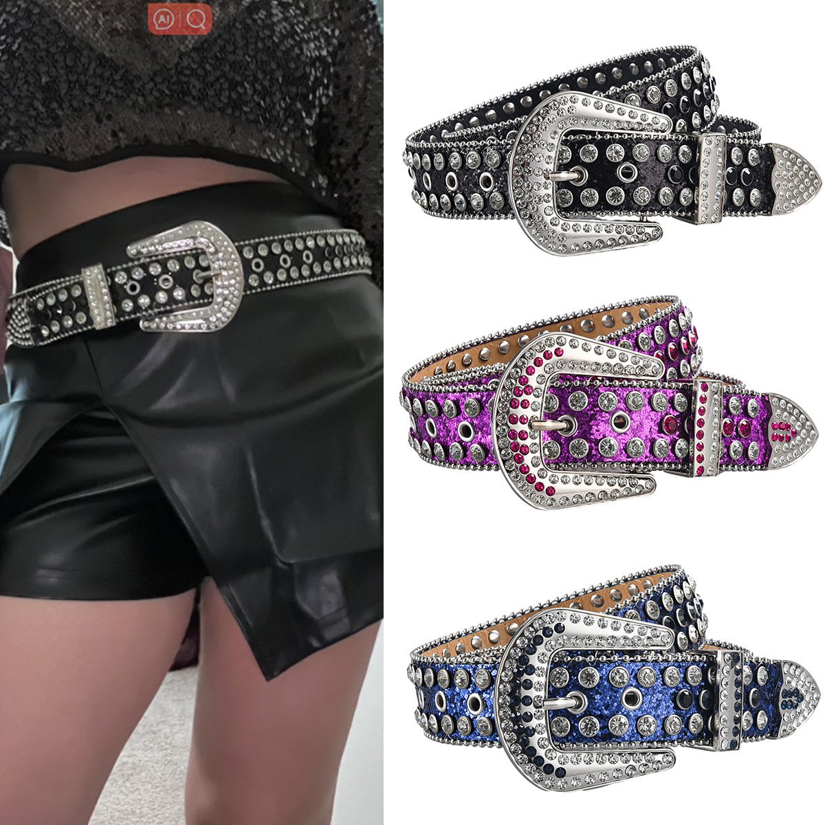 Shiny Crystal Rhinestone Studded Unisex Women's Belt Diamond Cowboy Western Style with Alloy Buckle