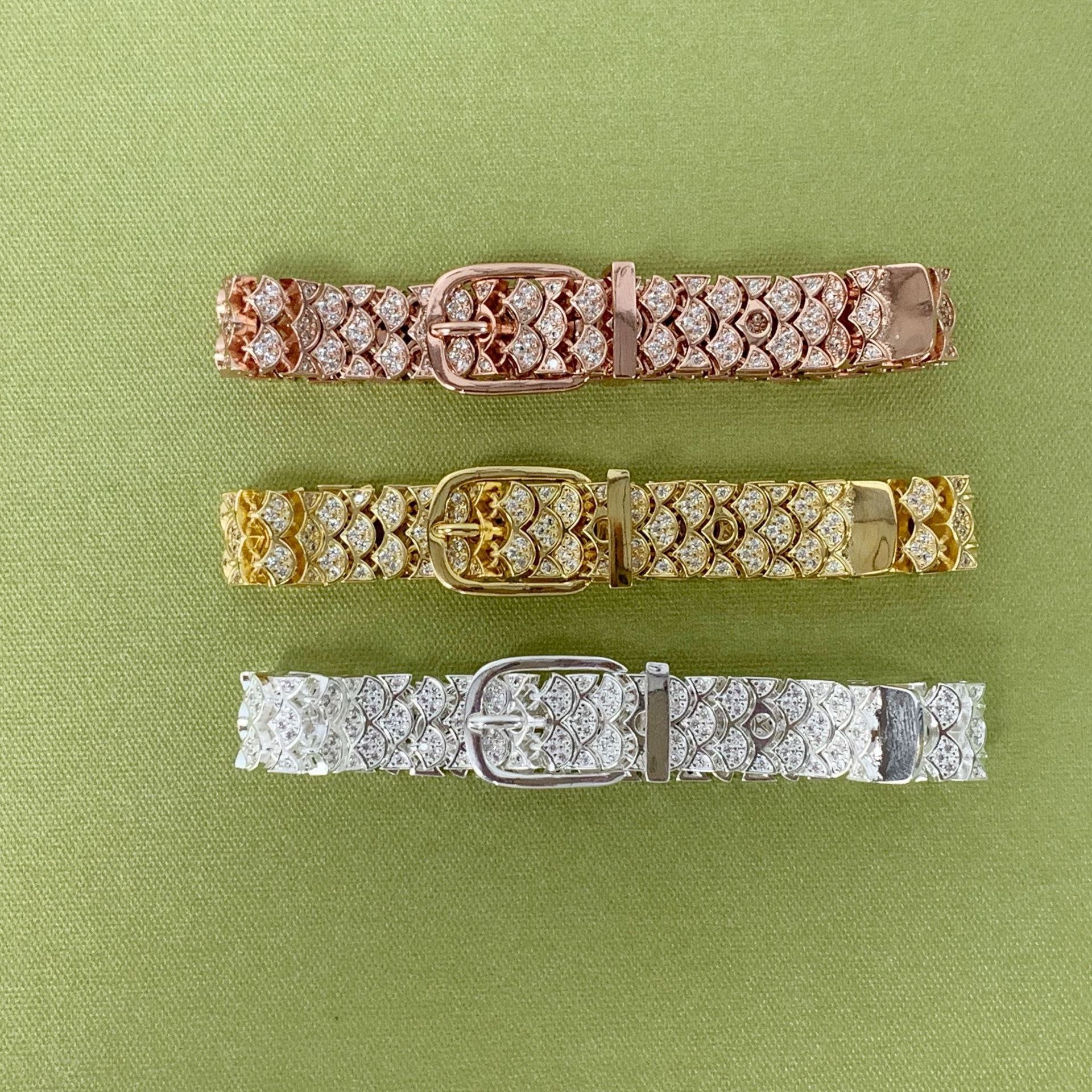 Premium High-End Adjustable Brass Bracelet Jewelry Personalize Setting Cz Zircon Watchband Belt Buckle Bracelet