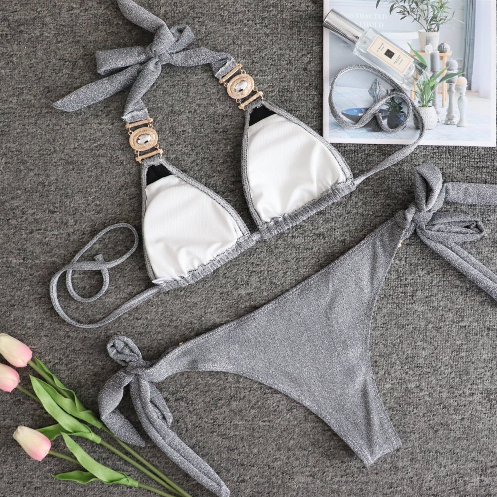 2024 Sexy Shiny Swimwear Gold Lace Up Ladies Swimsuit Halter Neck Bathing Suit Crystal Diamond Chain Split Bikini Set