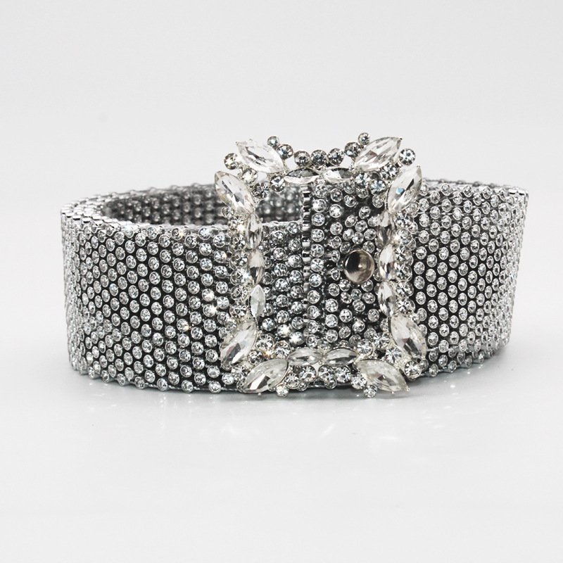 Wholesale Ladies Party Diamond Belt Women Western Silver Rhinestone Studded Bling Bling Leather Crystal Belt for Dress