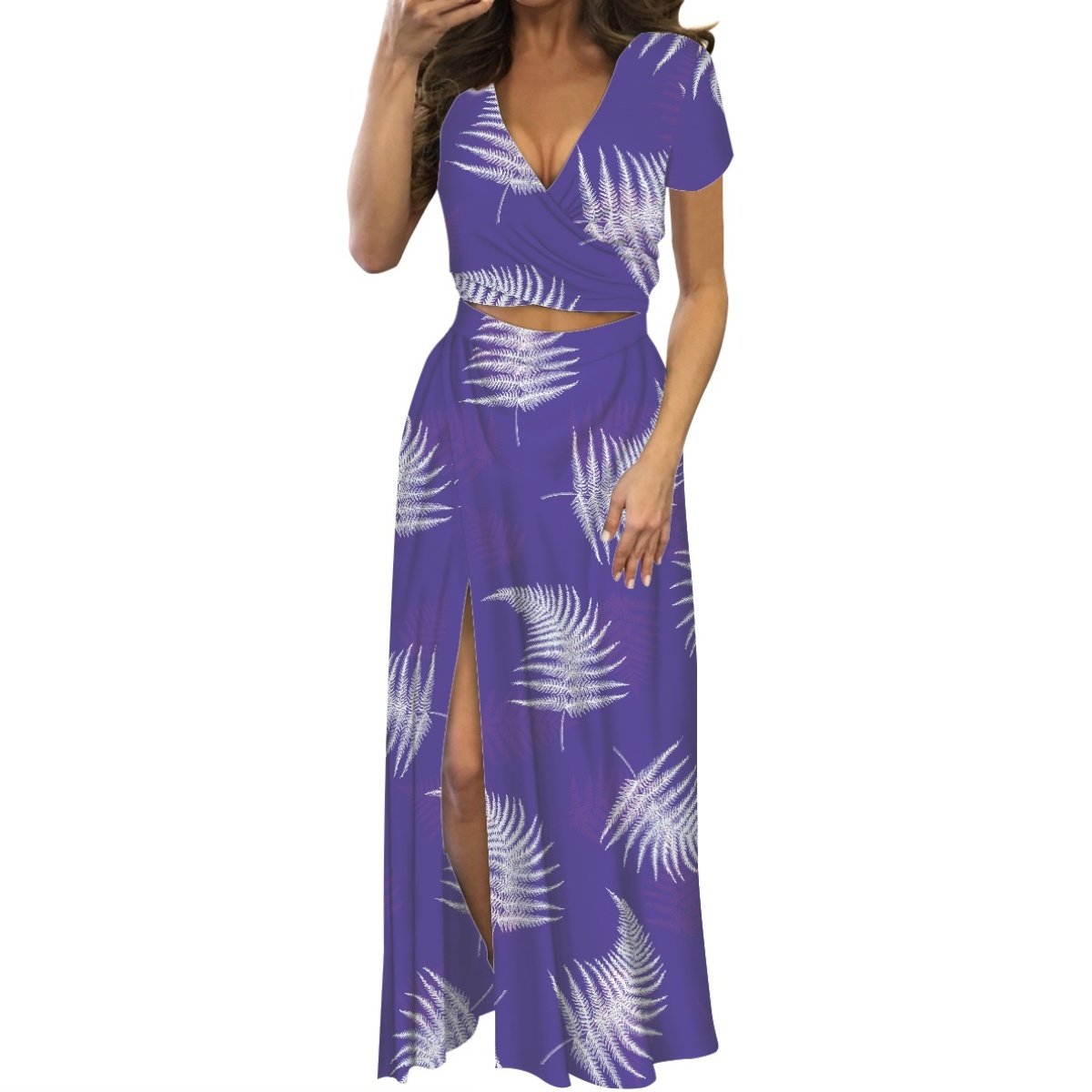 Trending Products Print On Demand Custom Hawaiian Style Palapalai Fern Printing Casual Ladies Suit Short Sleeve Long Dress