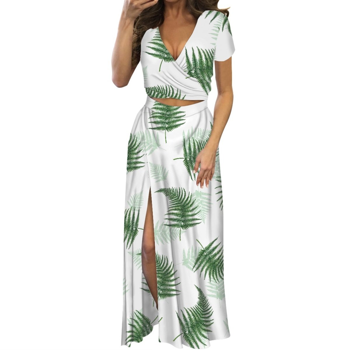 Trending Products Print On Demand Custom Hawaiian Style Palapalai Fern Printing Casual Ladies Suit Short Sleeve Long Dress