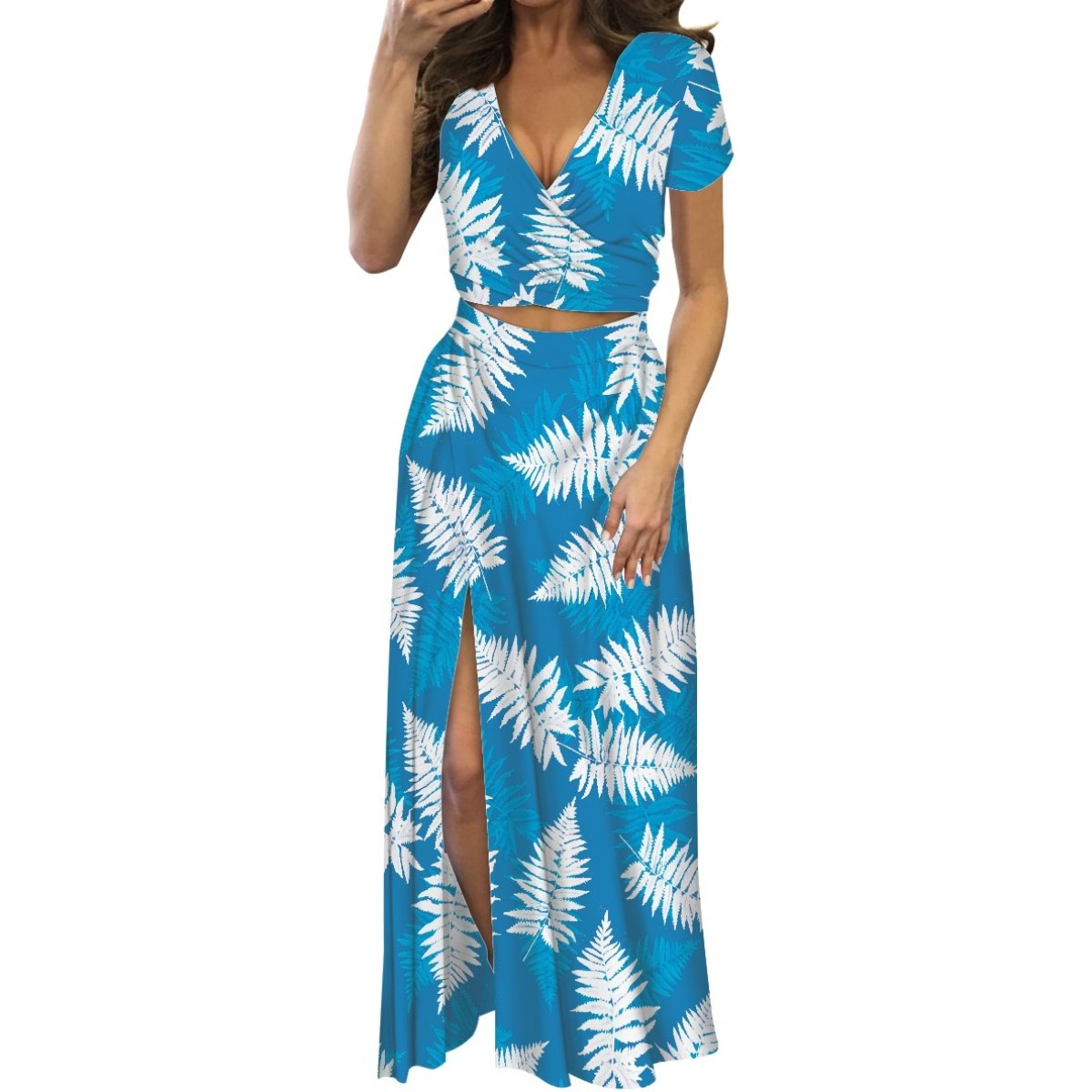 Trending Products Print On Demand Custom Hawaiian Style Palapalai Fern Printing Casual Ladies Suit Short Sleeve Long Dress