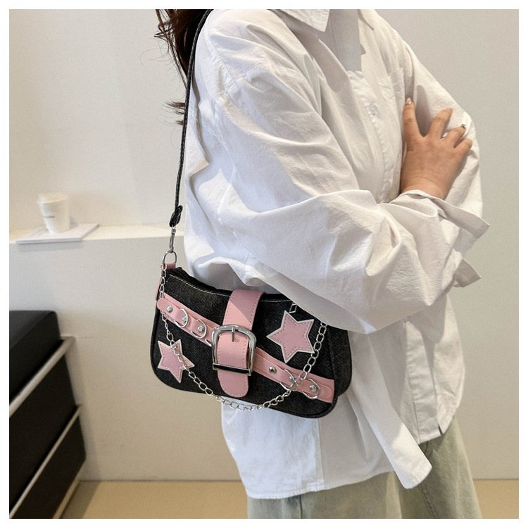 Gothic creative star pattern pink belt contrast color denim tote bag niche Sweet cool Spice Girl high-grade sense underarm bag
