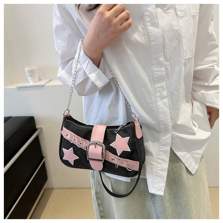Gothic creative star pattern pink belt contrast color denim tote bag niche Sweet cool Spice Girl high-grade sense underarm bag