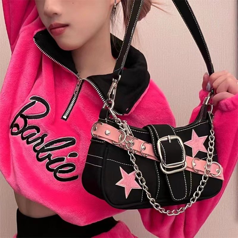 Gothic creative star pattern pink belt contrast color denim tote bag niche Sweet cool Spice Girl high-grade sense underarm bag