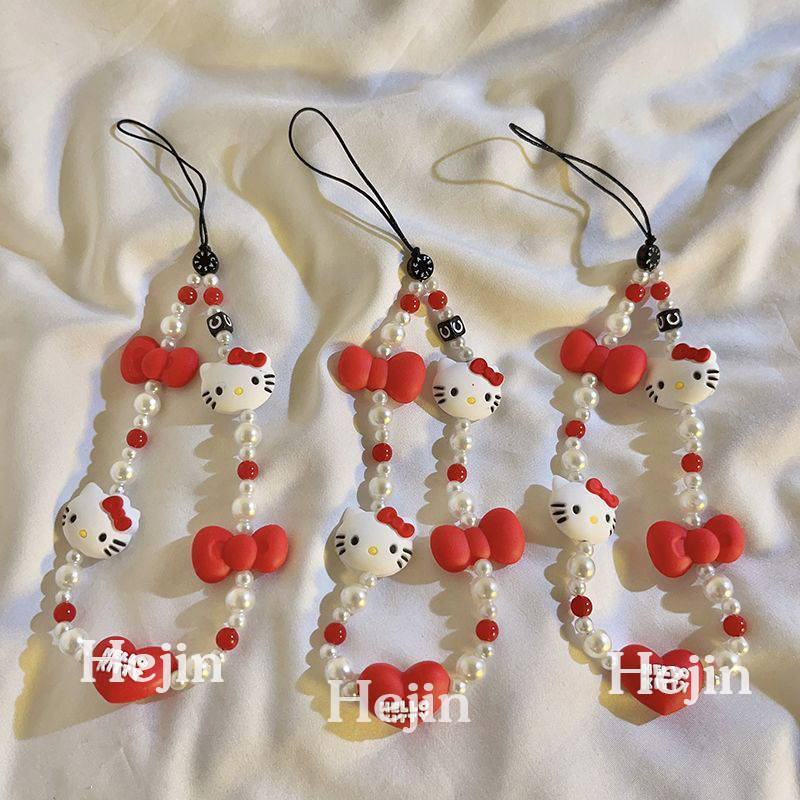 Wholesale hot selling mobile phone case bead chain accessories kitty cat cute bead chain key camera anti-lost lanyard
