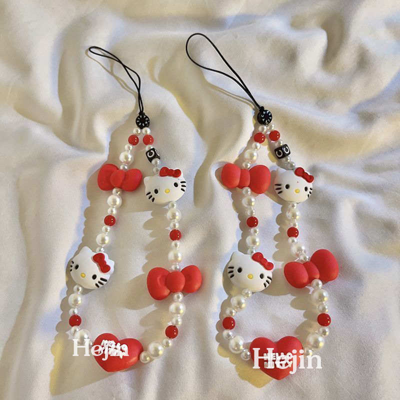 Wholesale hot selling mobile phone case bead chain accessories kitty cat cute bead chain key camera anti-lost lanyard